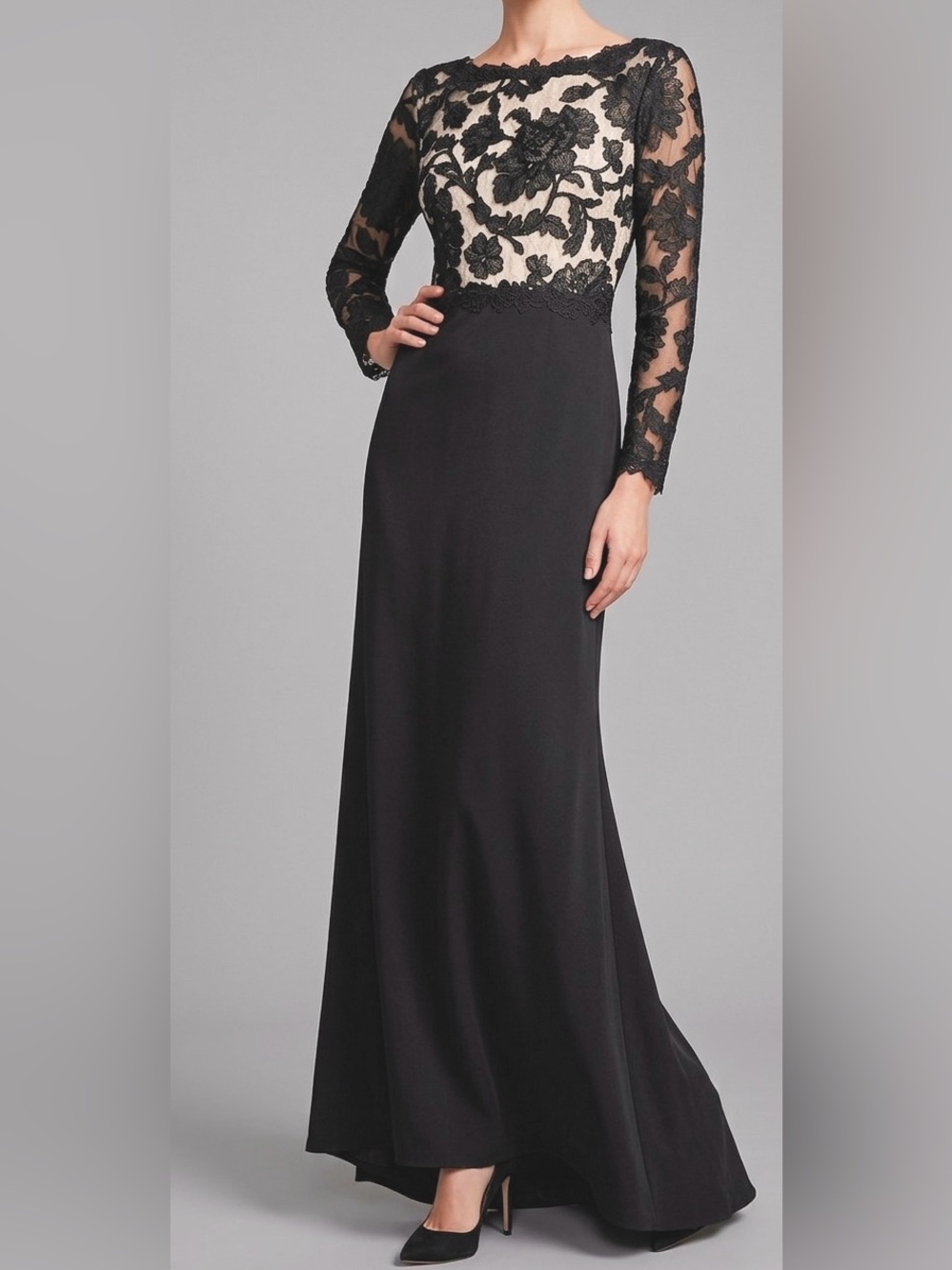 Tadashi Shoji Peony
Embroidered Stretch Crepe Gown - Black/Nude - Size 8/10